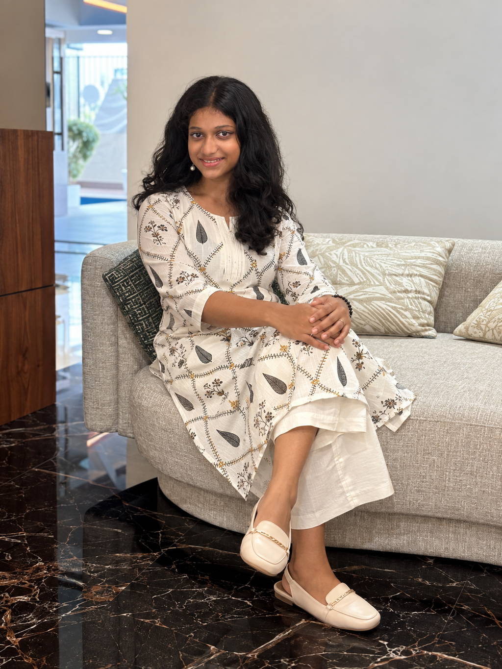 Ivory Leaf Print Cotton Kurta Set