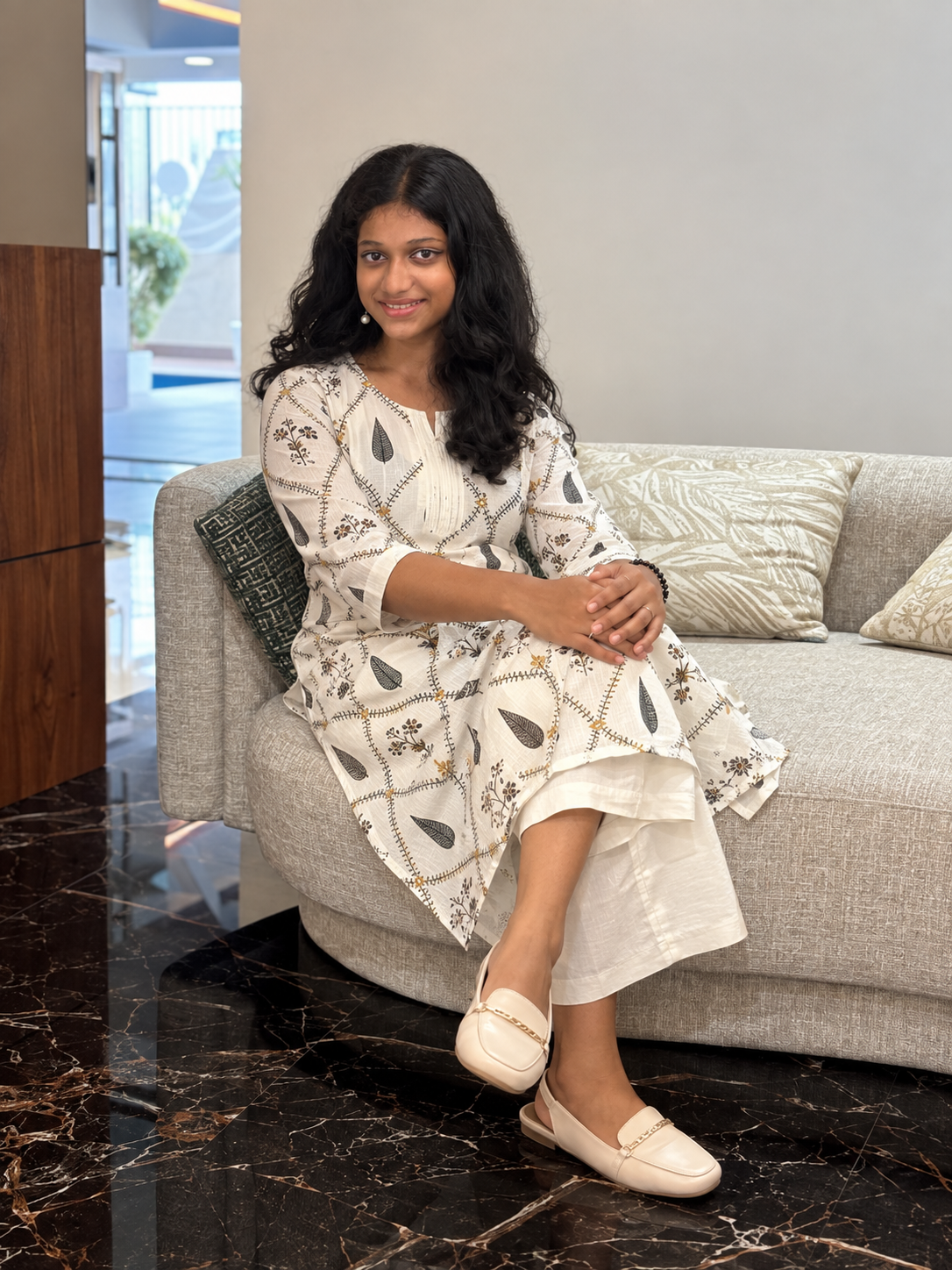 Ivory Leaf Print Cotton Kurta Set