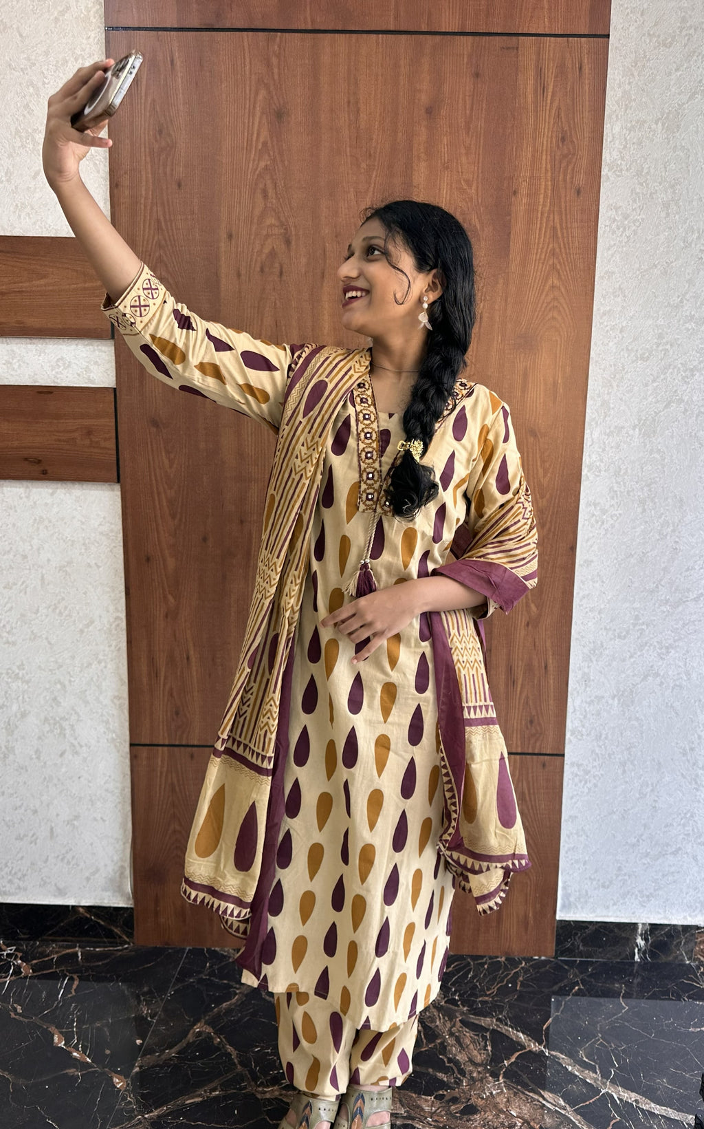 Beige Printed Cotton Kurta Set