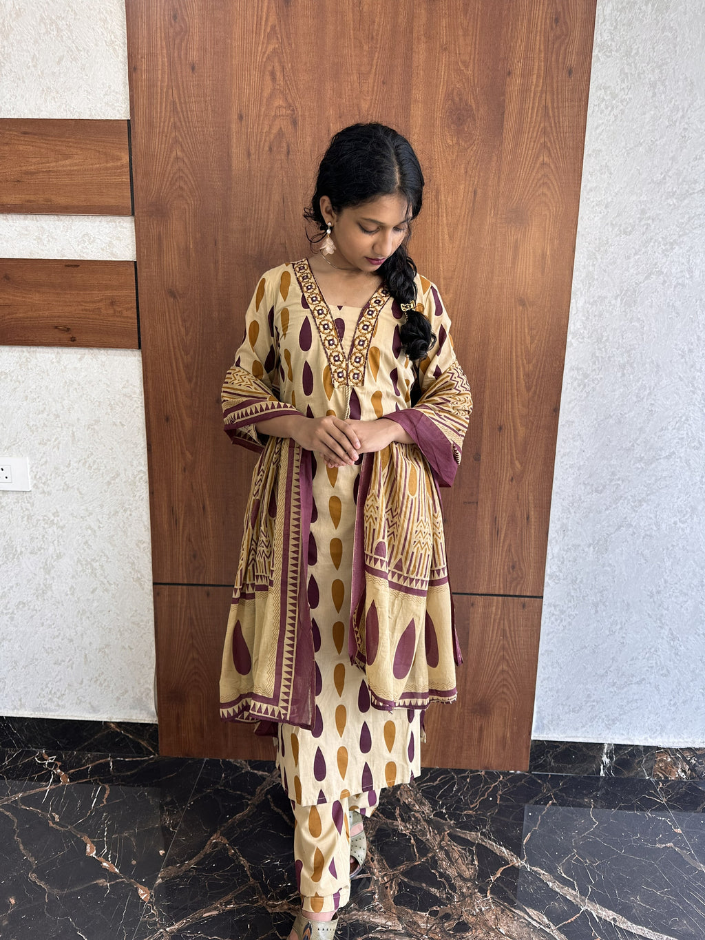 Beige Printed Cotton Kurta Set