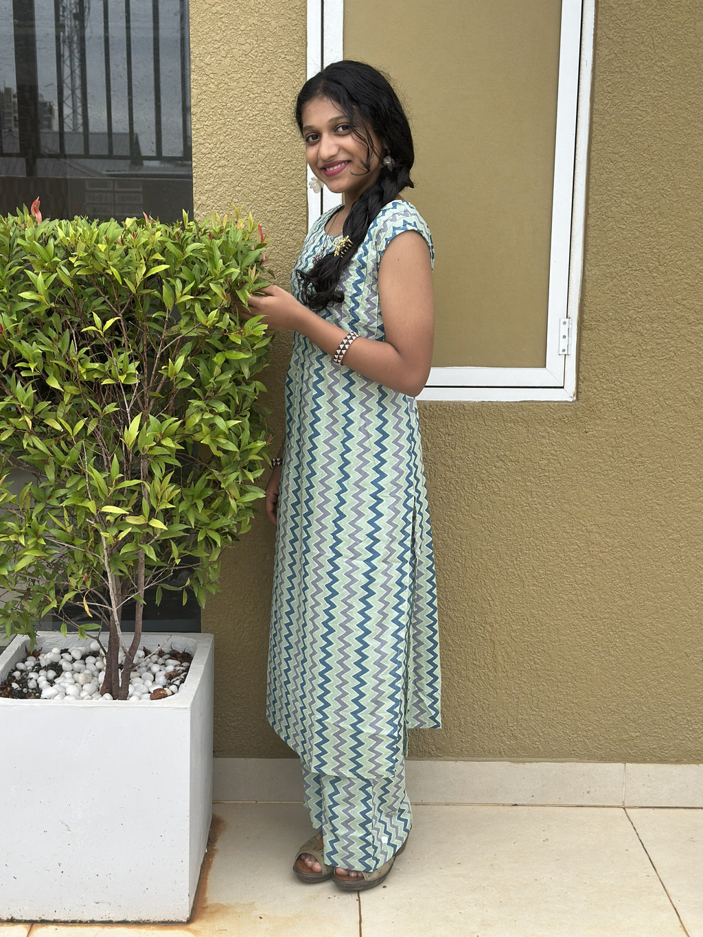 Sage Green Striped Cotton Kurta Set
