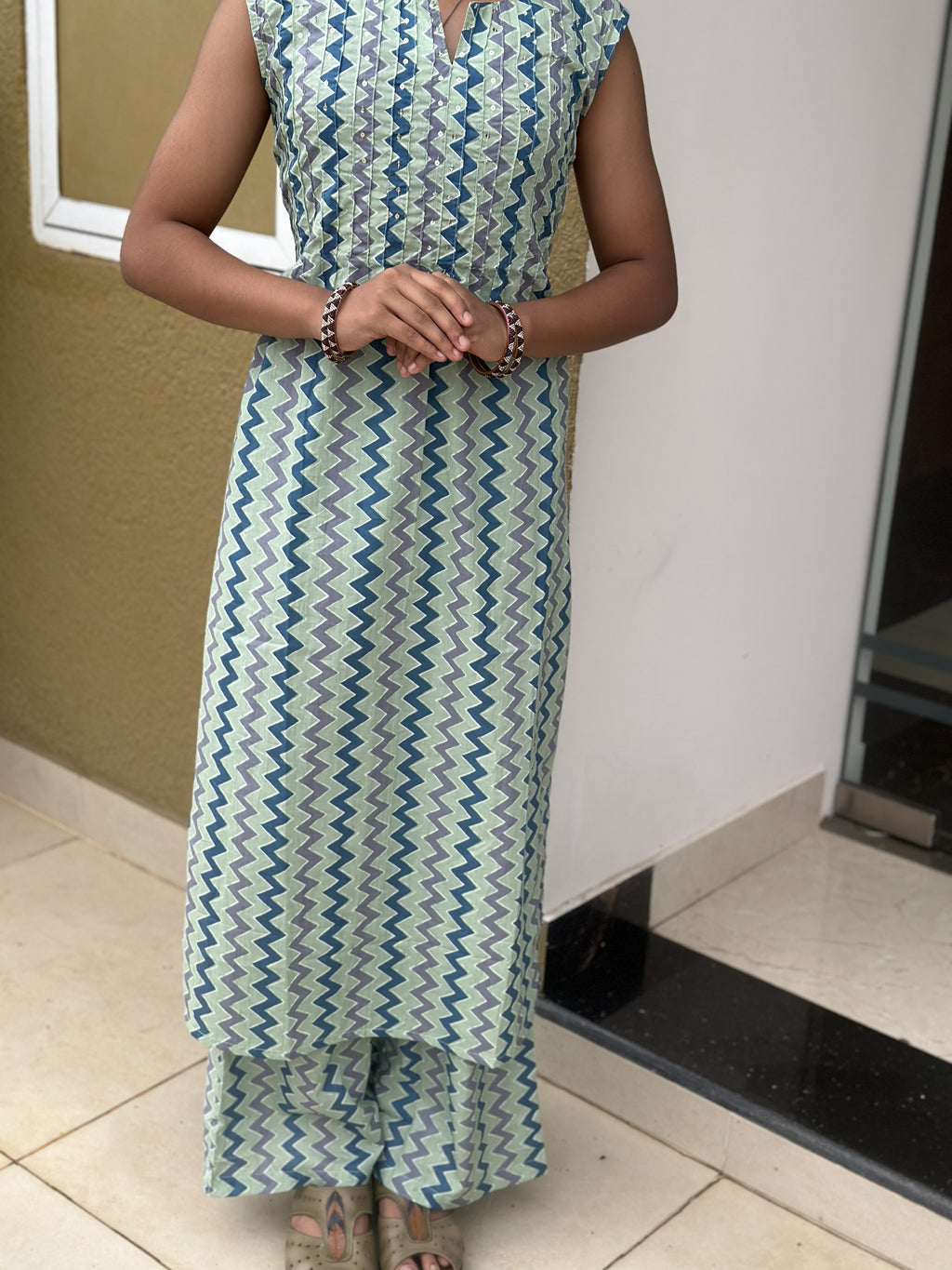 Sage Green Striped Cotton Kurta Set