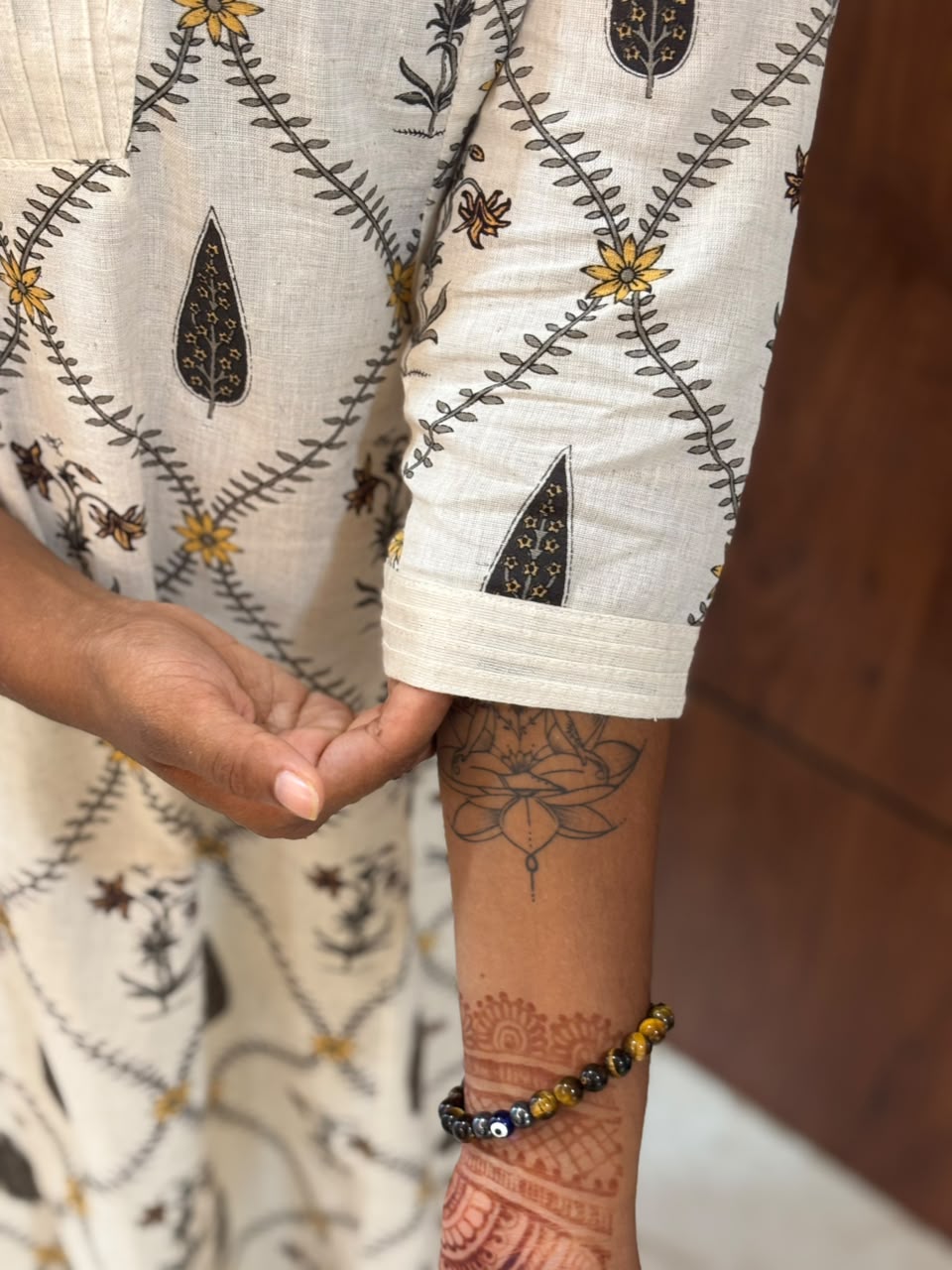 Ivory Leaf Print Cotton Kurta Set