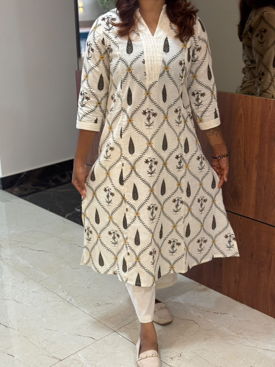 Ivory Leaf Print Cotton Kurta Set